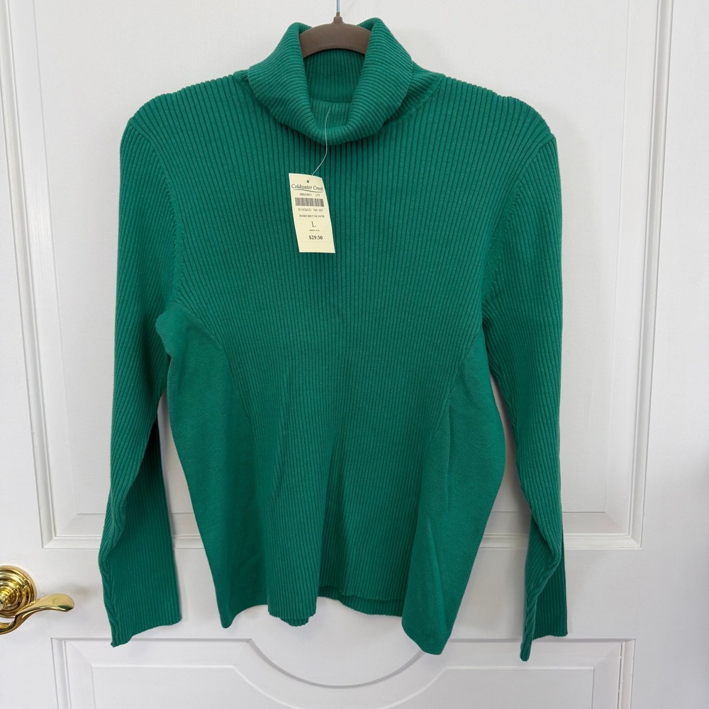 Coldwater Creek‎ Womens Mixed Rib Turtleneck Sweater Green L Cotton Blend NWT